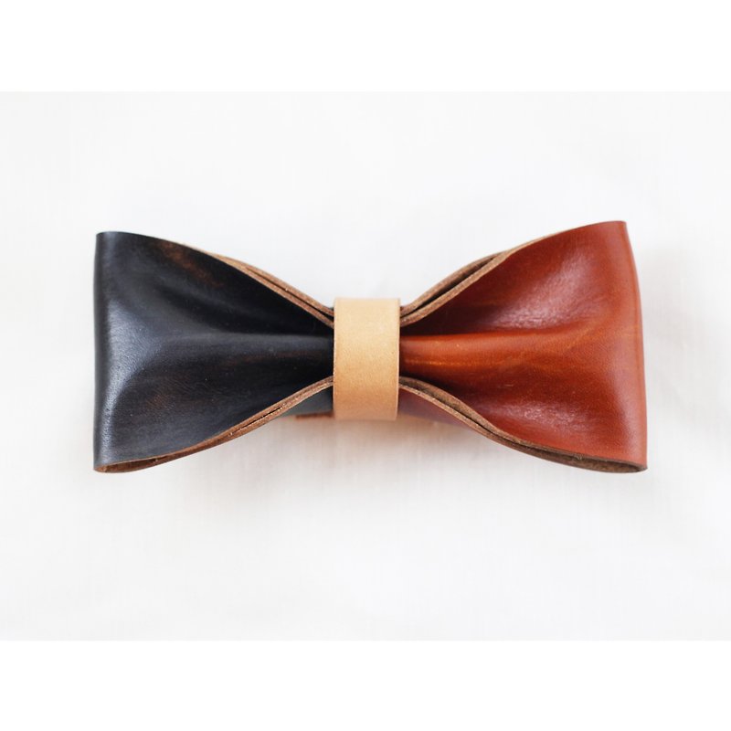 Clip on vegetable tanned leather bow tie - Black / Sepia color - Ties & Tie Clips - Genuine Leather Brown