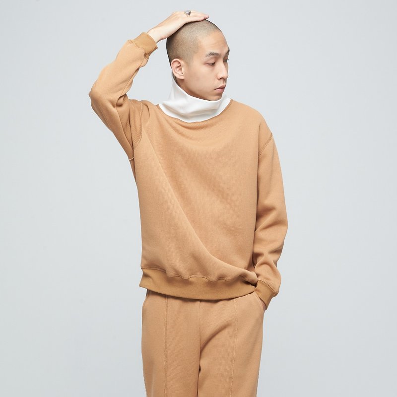 剪邊高領撞色衛衣(男)-菸草棕 - 男 T 恤 - 聚酯纖維 咖啡色