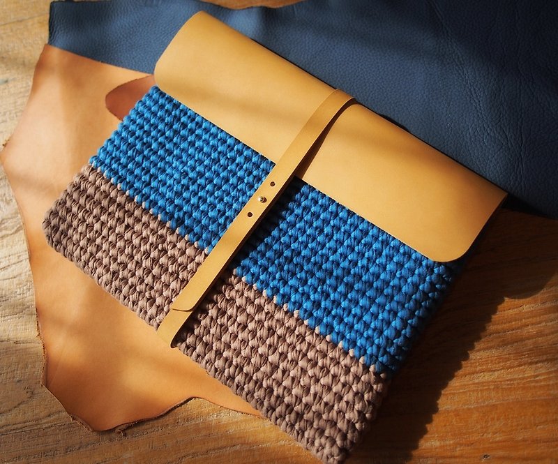 MacBook Case Handmade Two Tone Crochet with Nubuck Leather - Tablet & Laptop Cases - Genuine Leather Blue