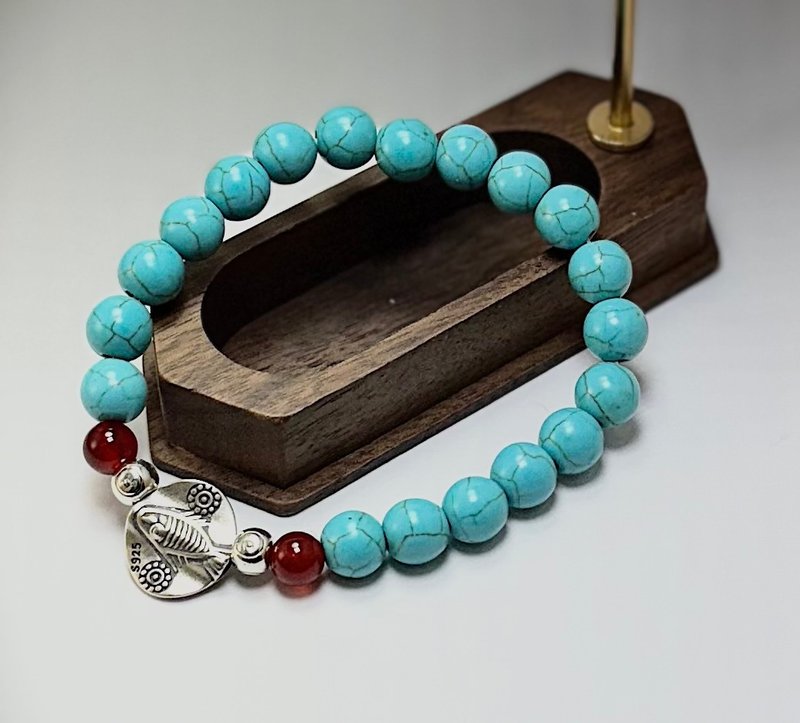 南紅瑪瑙+綠松石 × 泰銀魚飾手串/平安護佑.心靜如海 - 手鍊/手環 - 玉石 