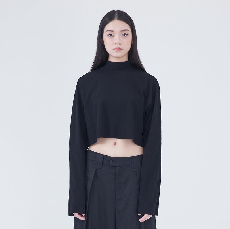 TRAN -短版高領針織上衣 - 女上衣/長袖上衣 - 聚酯纖維 黑色