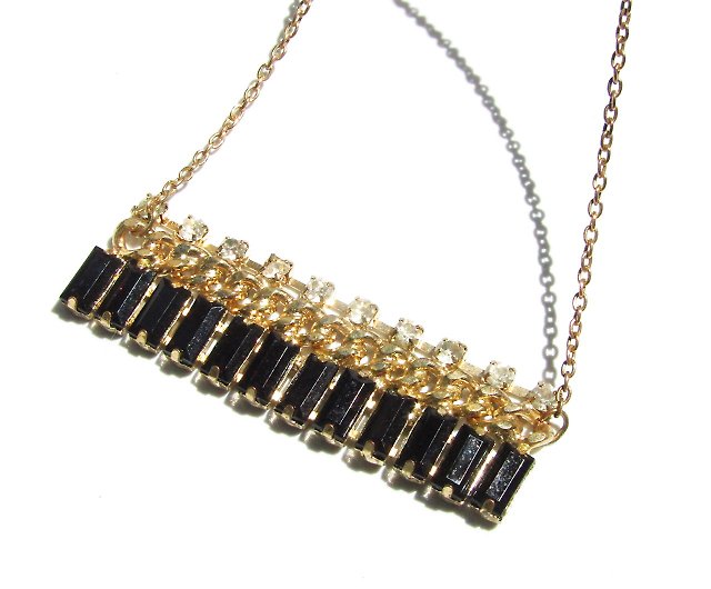 80s Vintage rhinestone × black bijou mode design necklace - Shop 