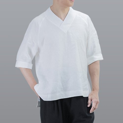 茶衫 V領衫 - 亞麻七分袖上衣 / 白色