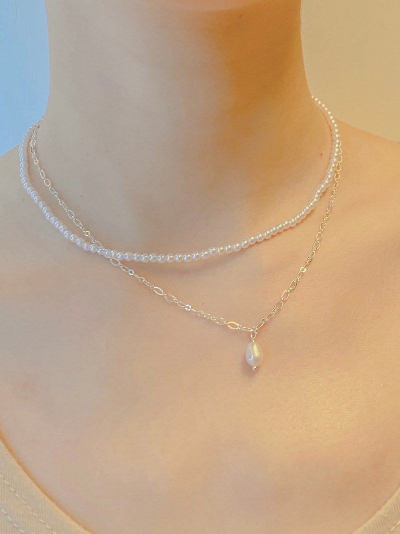 [Soonie] Hand-made 925 sterling silver large rice-shaped pearl necklace and 3mm pearl necklace two-piece set