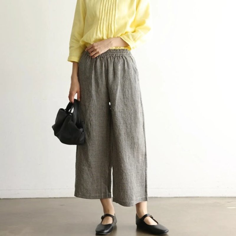 棉麻格紋寬褲  自然系休閒長褲 寬鬆舒適  透氣親膚 240609-1 - 女長褲 - 棉．麻 