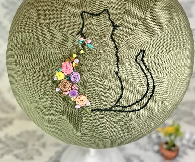 販売店 帽子 ☆ MLサイズ 白植物刺繍 ナチュラル 綿麻 乙女 ベレー帽 