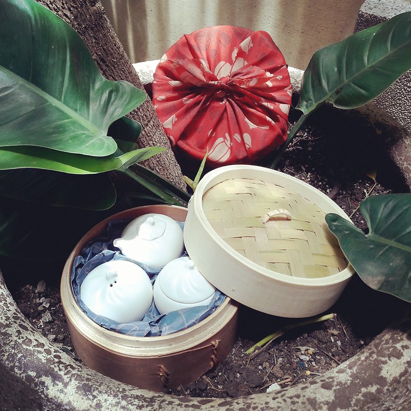 [Taike Blue] Xiao Long Bao seasoning jars 3 sets** steamer + floral cloth packaging (random color) - เซรามิก - ดินเผา 