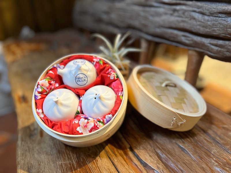 [Taike Blue] Xiao Long Bao seasoning jars 3 sets** steamer + floral cloth packaging (random color) - เซรามิก - ดินเผา 