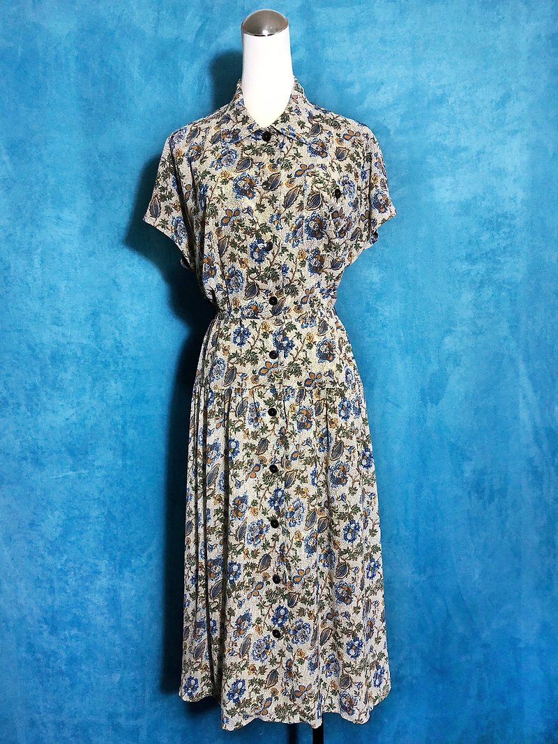 Elegant totem printing chiffon short-sleeved vintage dress / bring back VINTAGE - One Piece Dresses - Polyester Khaki