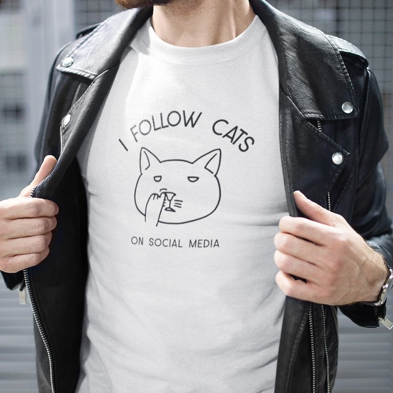 FOLLOW CATS 男女中性短袖T恤 白色 追蹤貓咪社群毛小孩禮物文青 - 男 T 恤 - 棉．麻 白色