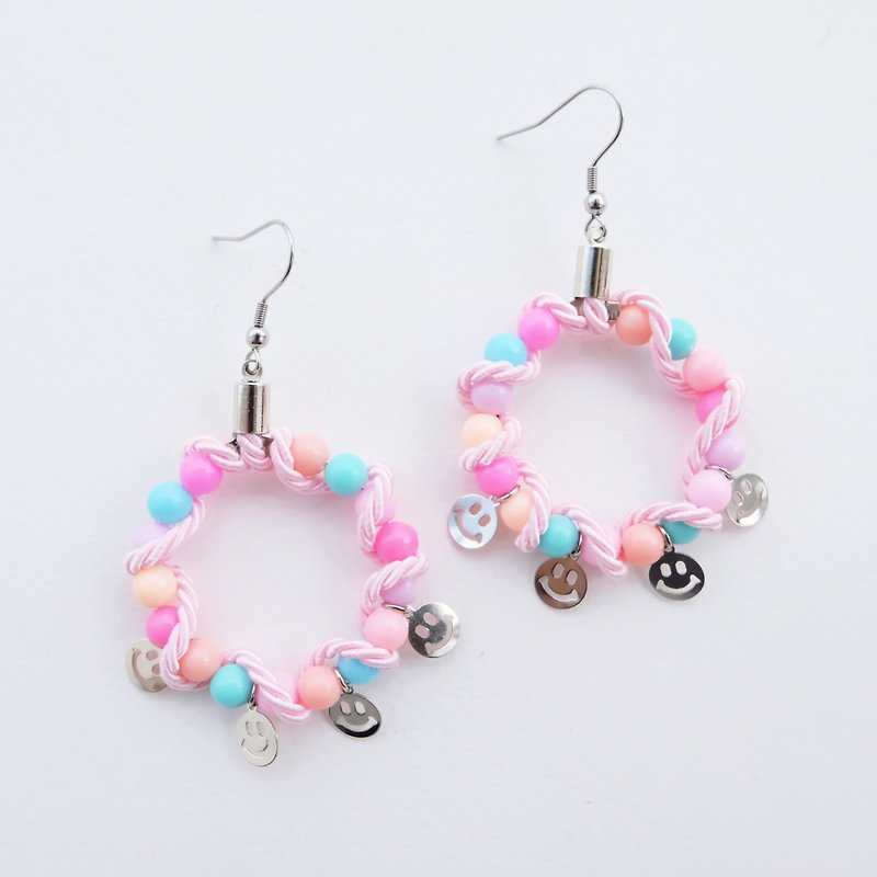 Pink blue bead hoop earrings with pink rope and smiley - 耳環/耳夾 - 其他材質 粉紅色