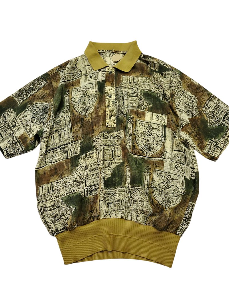 Japanese Vintage Chiffon Polo Shirt - European Architectural Print, Earth Tones, Size M, Near Mint Condition - เสื้อเชิ้ตผู้ชาย - ผ้าฝ้าย/ผ้าลินิน หลากหลายสี