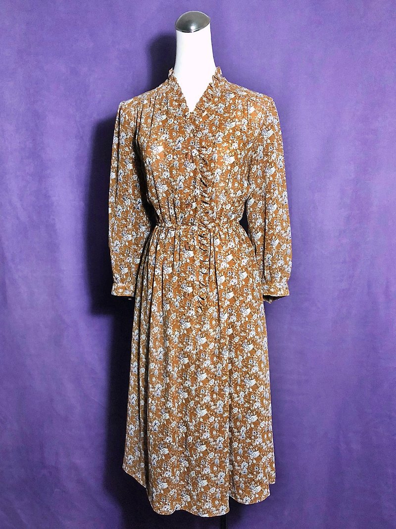 Ruffled flower vintage dress / bring back VINTAGE abroad - One Piece Dresses - Polyester Brown
