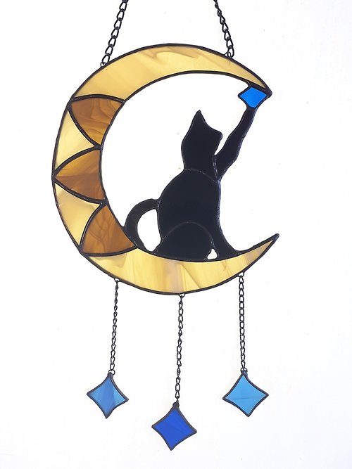 InariGlassStudio 月亮上的黑貓彩色玻璃捕夢網萬聖節窗戶掛飾