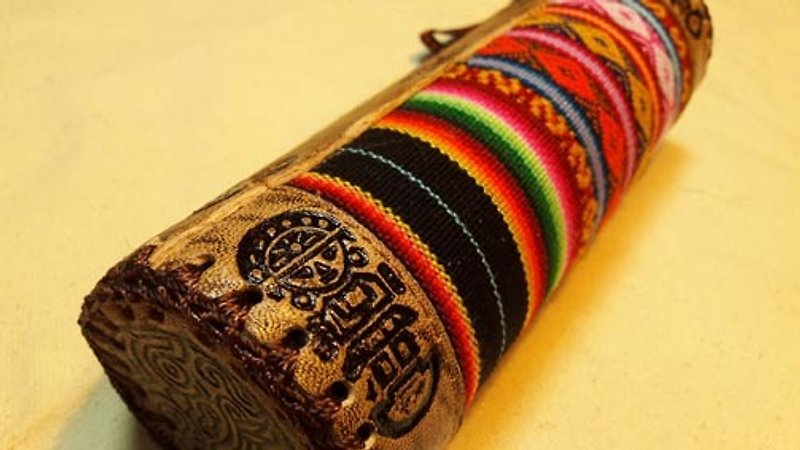 Peru weaving feel hard pencil box stitching - Leather Totem mark - black stripes - Pencil Cases - Genuine Leather Black