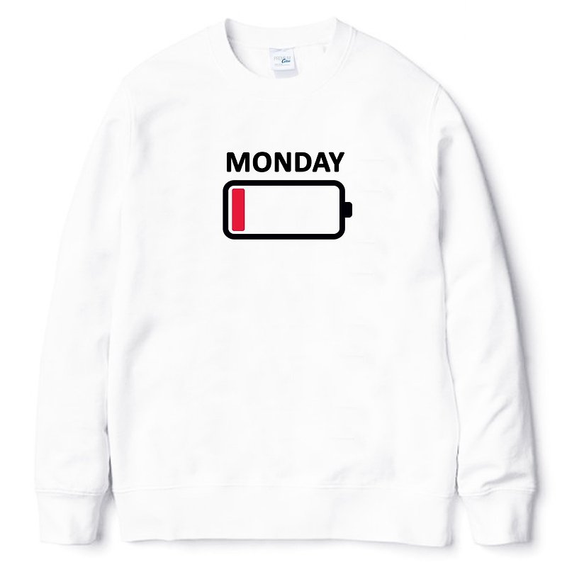 MONDAY BATTERY 大學T 刷毛 中性版 白色 星期一電池電量沒電 - T 恤 - 棉．麻 白色