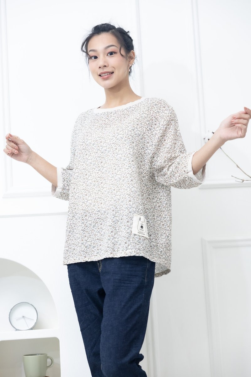 磚紅碎花拼接米色領口布徽上衣 白色 - 女上衣/長袖上衣 - 其他材質 白色