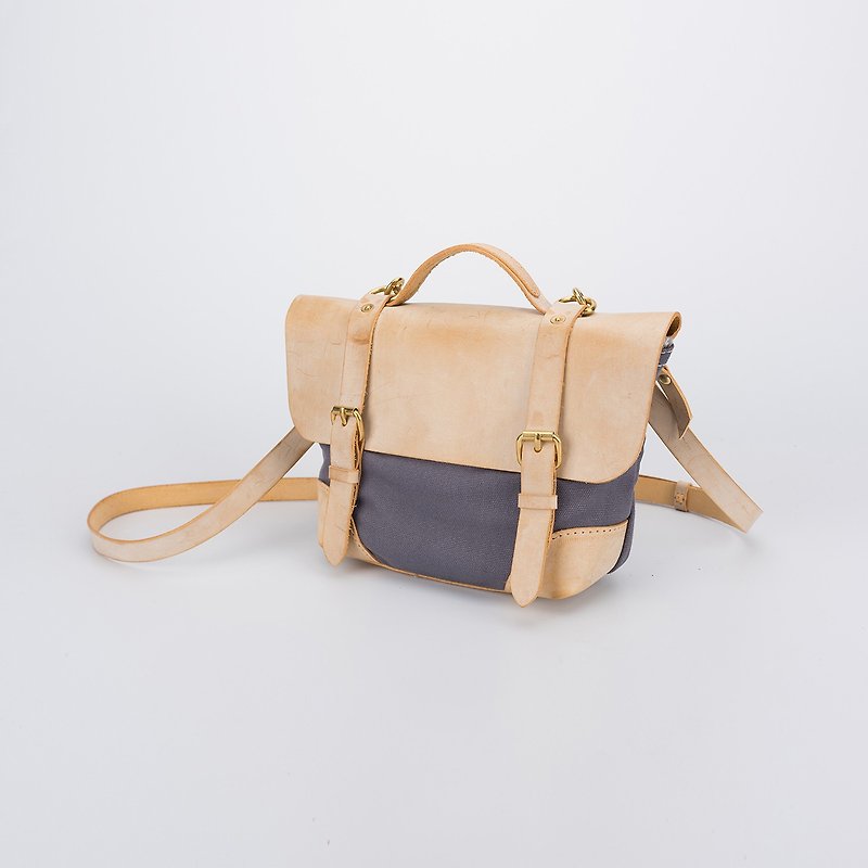 [Canvas meets leather] Summer lightweight small canvas messenger bag handbag shoulder bag fog Wax color matching