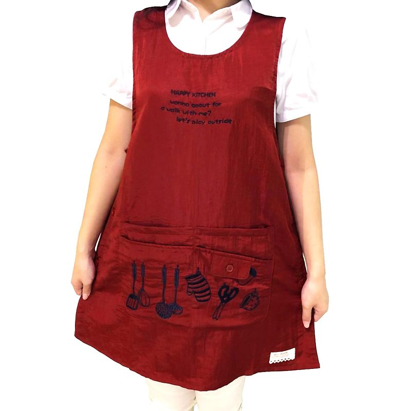 [BEAR BOY] mercerized cotton kitchen 4 pocket apron - red (side buckle) - Aprons - Other Materials Red