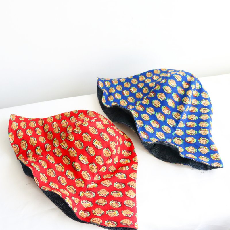 Midnight snack is a burger handmade double-sided hat fisherman hat - Hats & Caps - Other Materials Blue