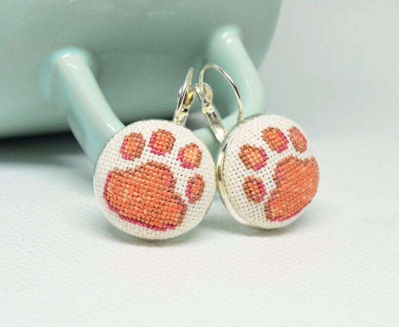 Dog paw dangle embroidered earrings, Cross stitch jewelry for pet lover