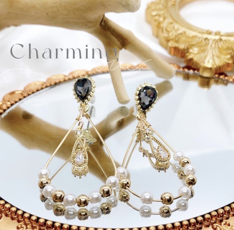 |華麗典雅| Charming - 氣質珍珠水滴皓石耳環 - 耳環/耳夾/耳骨夾 - 其他金屬 金色