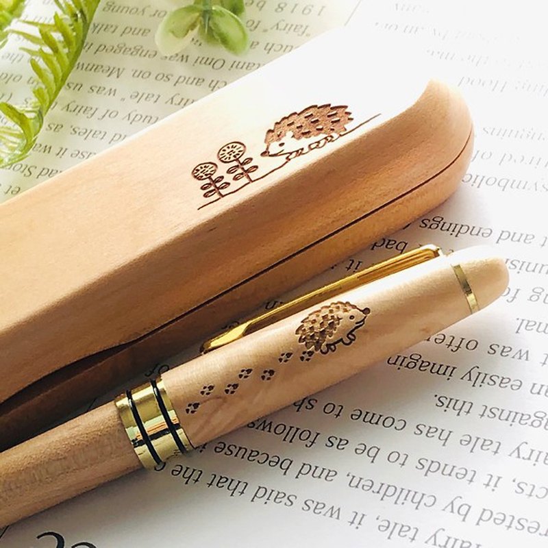 Hedgehog Wooden Ballpoint Pen &amp; Pen Case Maple Name Free Shipping