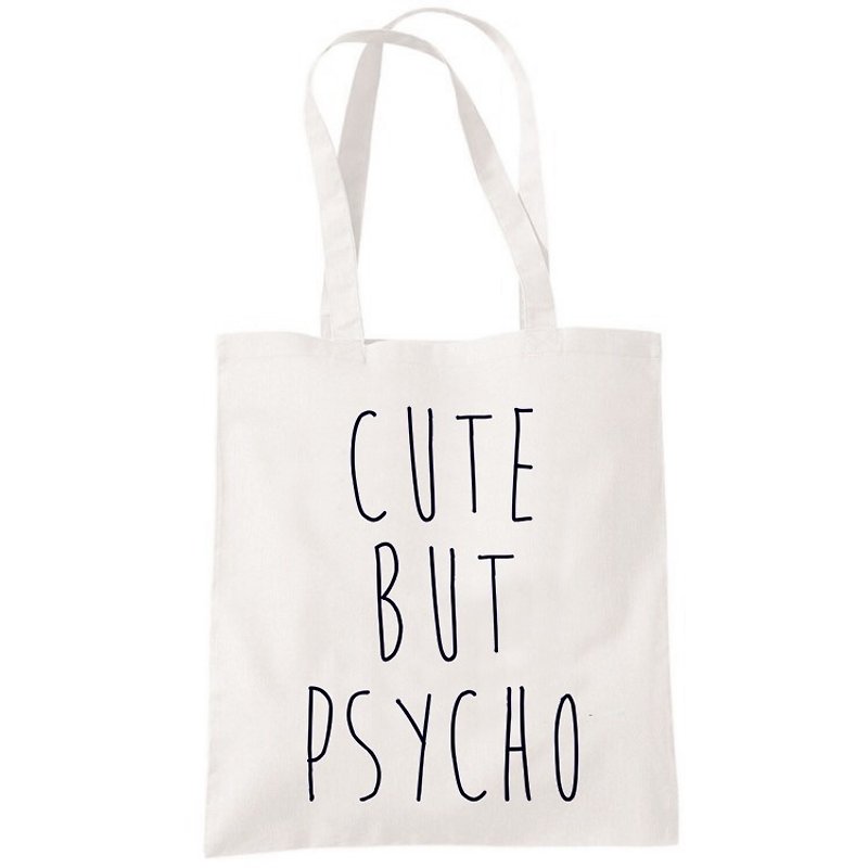 CUTE BUT PSYCHO text English text green simple original fresh canvas art environmental protection shoulder bag shopping bag-beige - Messenger Bags & Sling Bags - Other Materials White