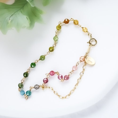 一抹月光 Emoonstone 鑽石切面閃閃電氣石 碧璽手鍊 彩虹漸層 14K
