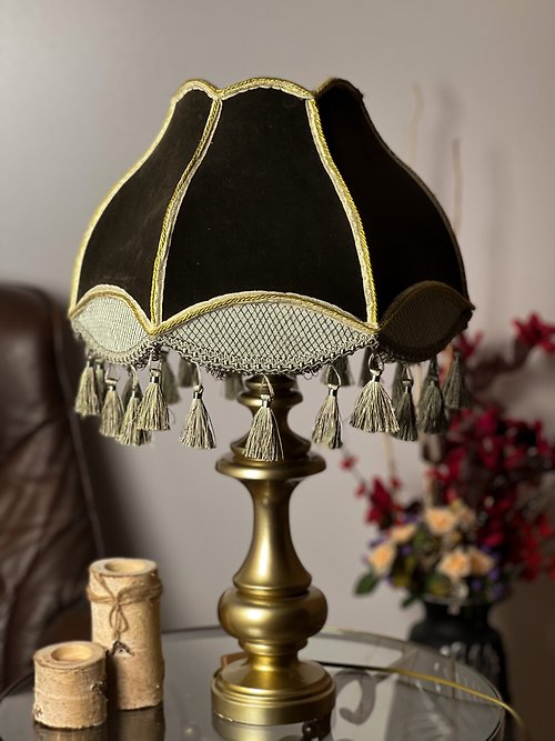 Delight Victorian fairy table lamp velvet olive color and satin with wood lamp base