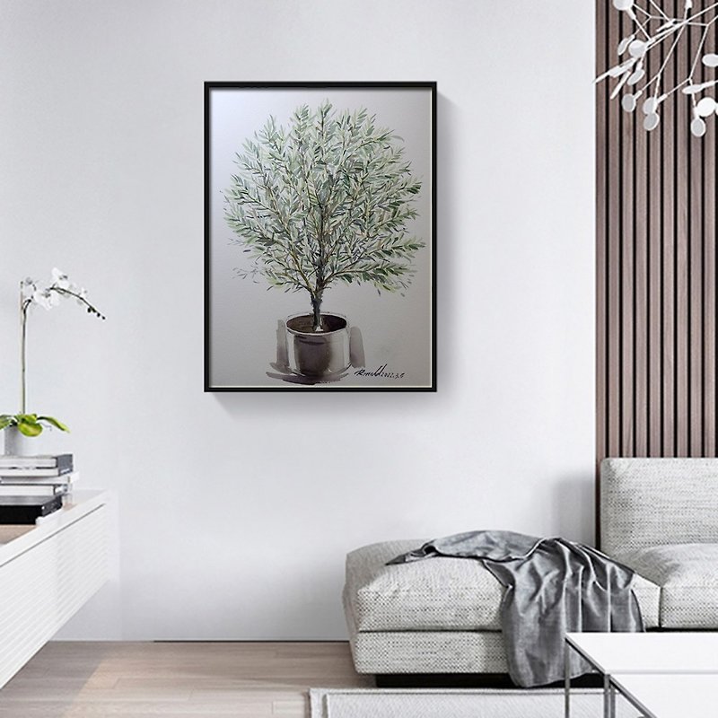 Hand-painted (watercolor) original painting (olive tree 01) Nordic botanical style / home office / mural / gift - Posters - Paper Green