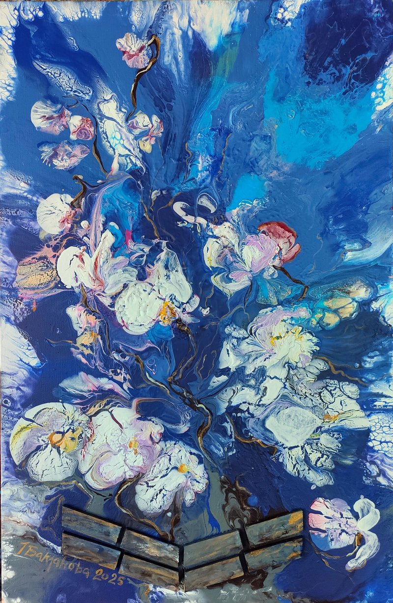 白色蘭花 獨一無二的抽象花卉藝術原創繪畫流體藝術裝飾 - 壁貼/牆壁裝飾 - 其他材質 藍色