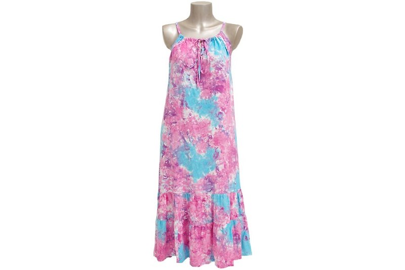 Tropical loose Kawa! Uneven dyed camisole ruffle long dress <Pinky Blue> - One Piece Dresses - Other Materials Pink