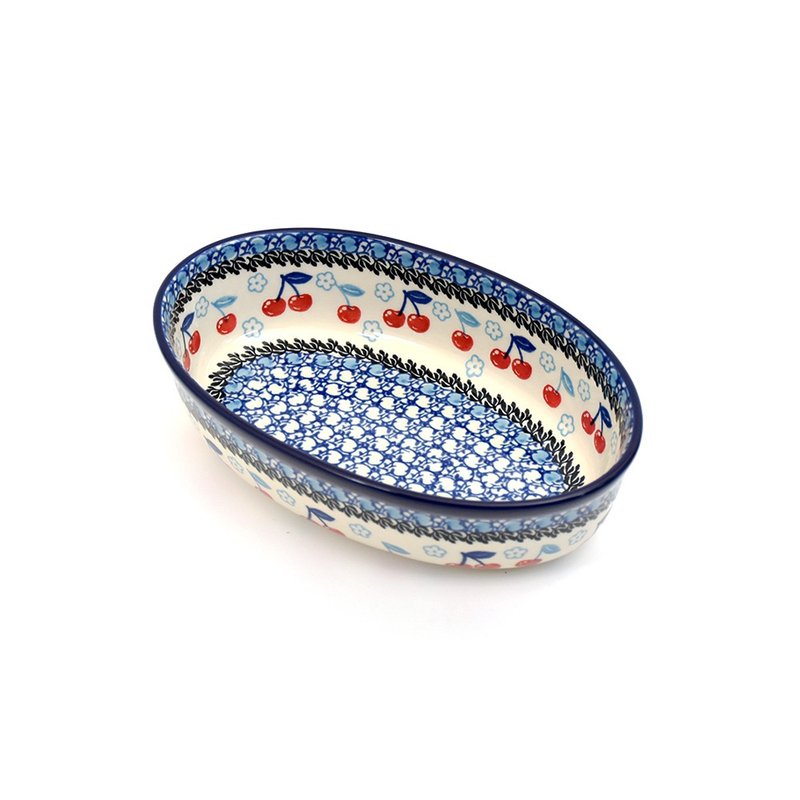 Polish handmade pottery-small flower cherry series-oval baking pan (middle) - จานและถาด - ดินเผา 