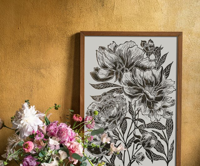 花の絵画 黒金フレーム 牡丹