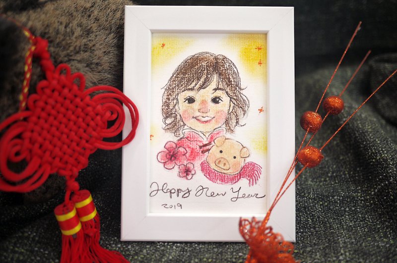 Lunar Year of the Pig is limited to Yan painted / pink colored pencil / gift frame - Customized Portraits - Paper 