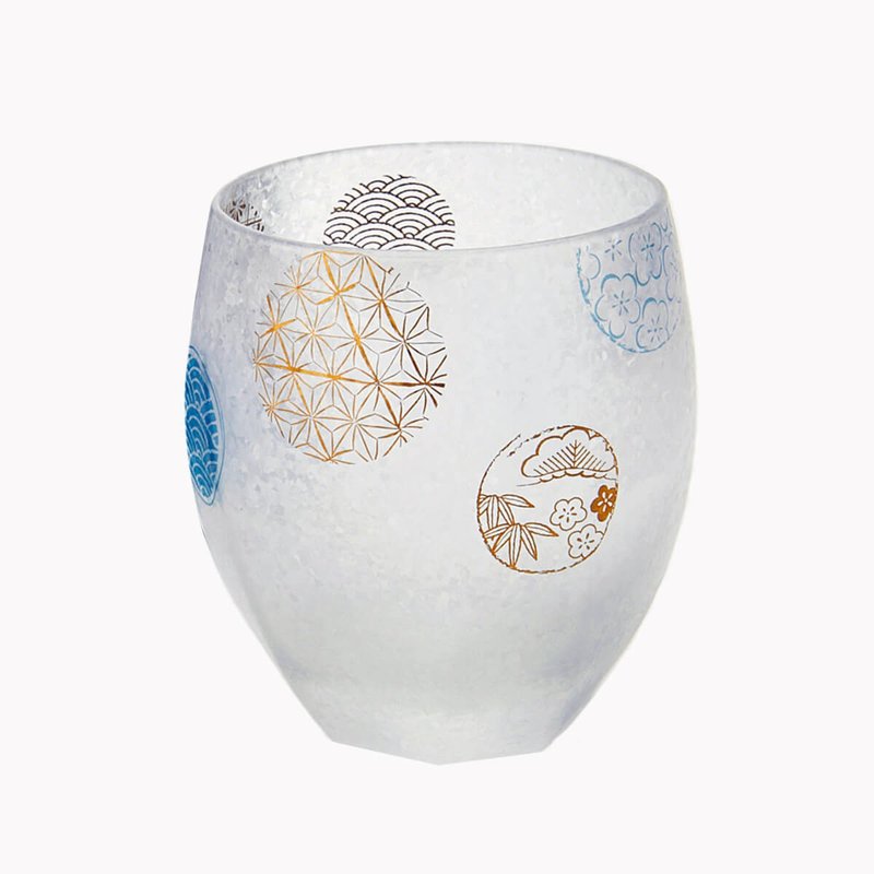 345cc【日本ADERIA】夏日祭典 丸紋 刻字玻璃杯 描金工藝吉祥圖案 - 酒杯/酒器 - 玻璃 藍色