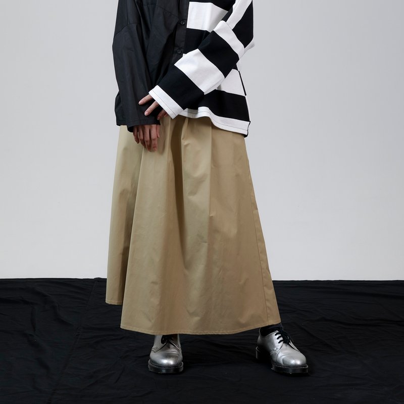 Wide trousers with one side pleated skirt - กางเกงขายาว - ผ้าฝ้าย/ผ้าลินิน สีกากี