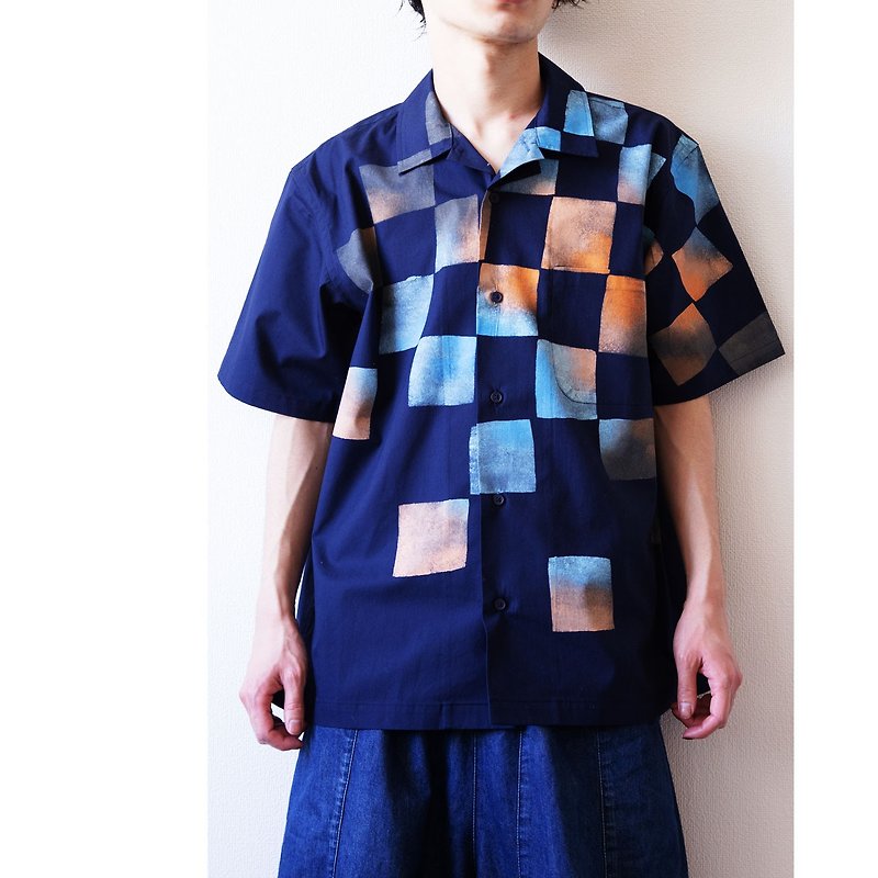 Navy Blue Orange & Light Blue Plaid Aloha Style Shirt Cotton Unisex - เสื้อฮู้ด - ผ้าฝ้าย/ผ้าลินิน หลากหลายสี