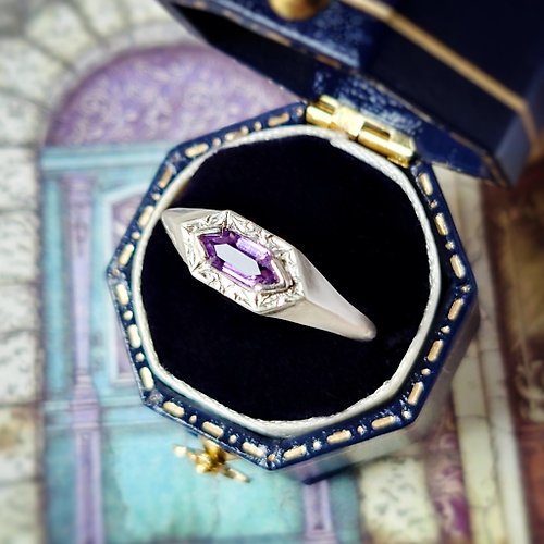 Tamasii Jewellery 人手批花 長六角形紫晶 純銀戒指 傳統工藝