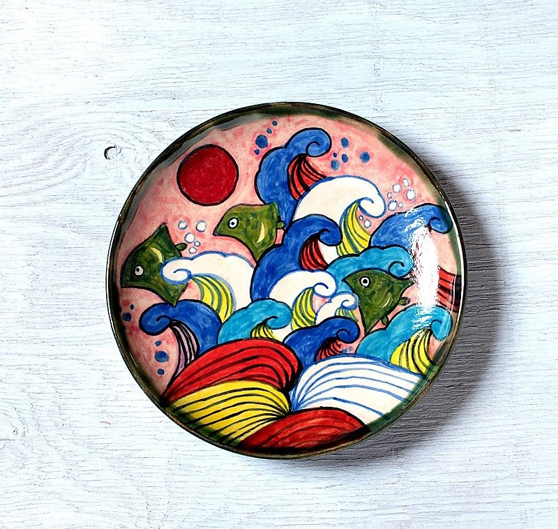「波と千鳥(バラ色の空)」色絵皿 - 花瓶/花器 - 陶 多色
