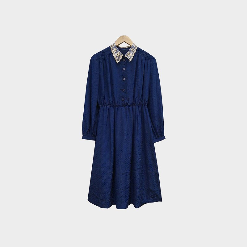 脫臼古著 / 蕾絲領口深藍洋裝 no.035 vintage - 連身裙 - 聚酯纖維 藍色