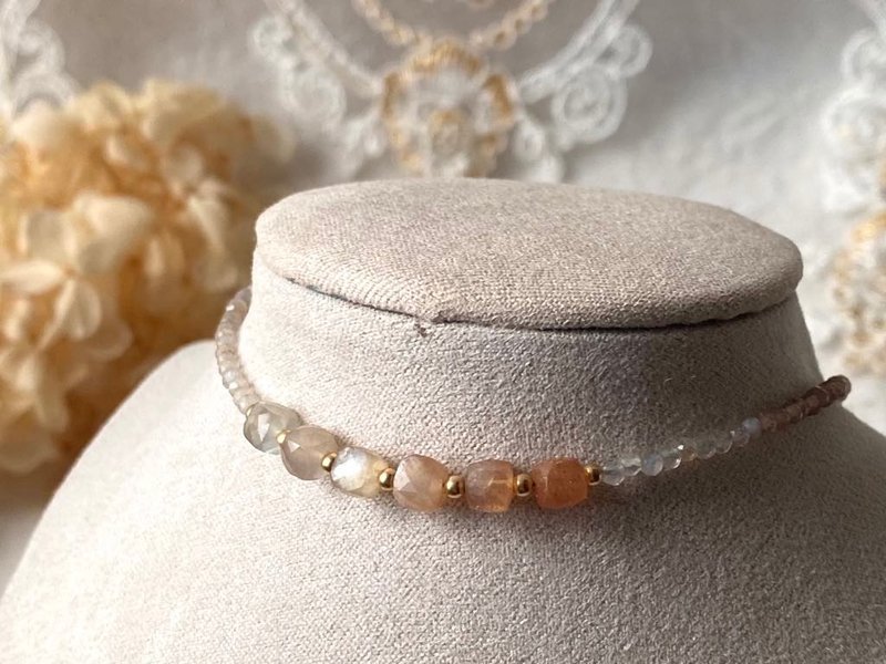 2-WAY Morandi peach moonstone agate 14KGF gold-filled necklace bracelet Choker - Necklaces - Crystal Orange