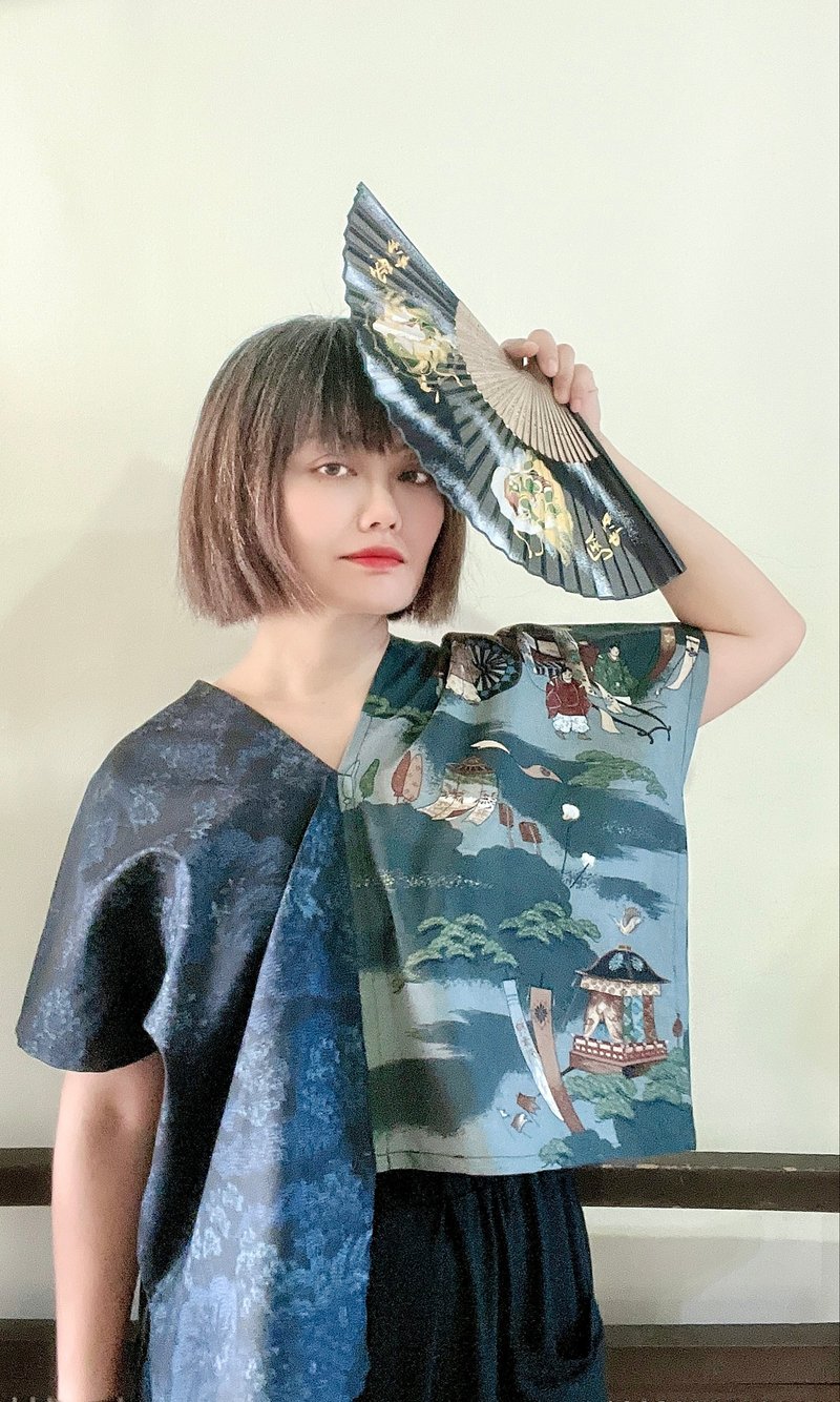 長短不對稱灰色毛料京都祭典印花拼接藍黑風景絲質大島紬四角衣 - 背心/無袖上衣 - 絲．絹 多色