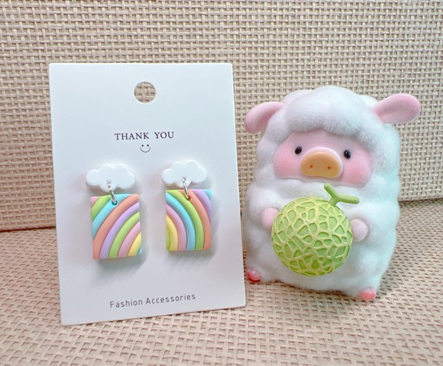 After the rain, there must be a rainbow-cloud rainbow soft clay earrings /  Clip-On