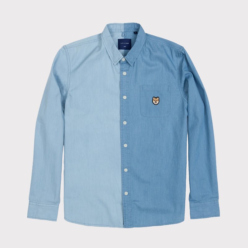 【Pjai】Embroidery Patchwork Shirt - Denim (ST725) - เสื้อเชิ้ตผู้ชาย - ผ้าฝ้าย/ผ้าลินิน สีน้ำเงิน