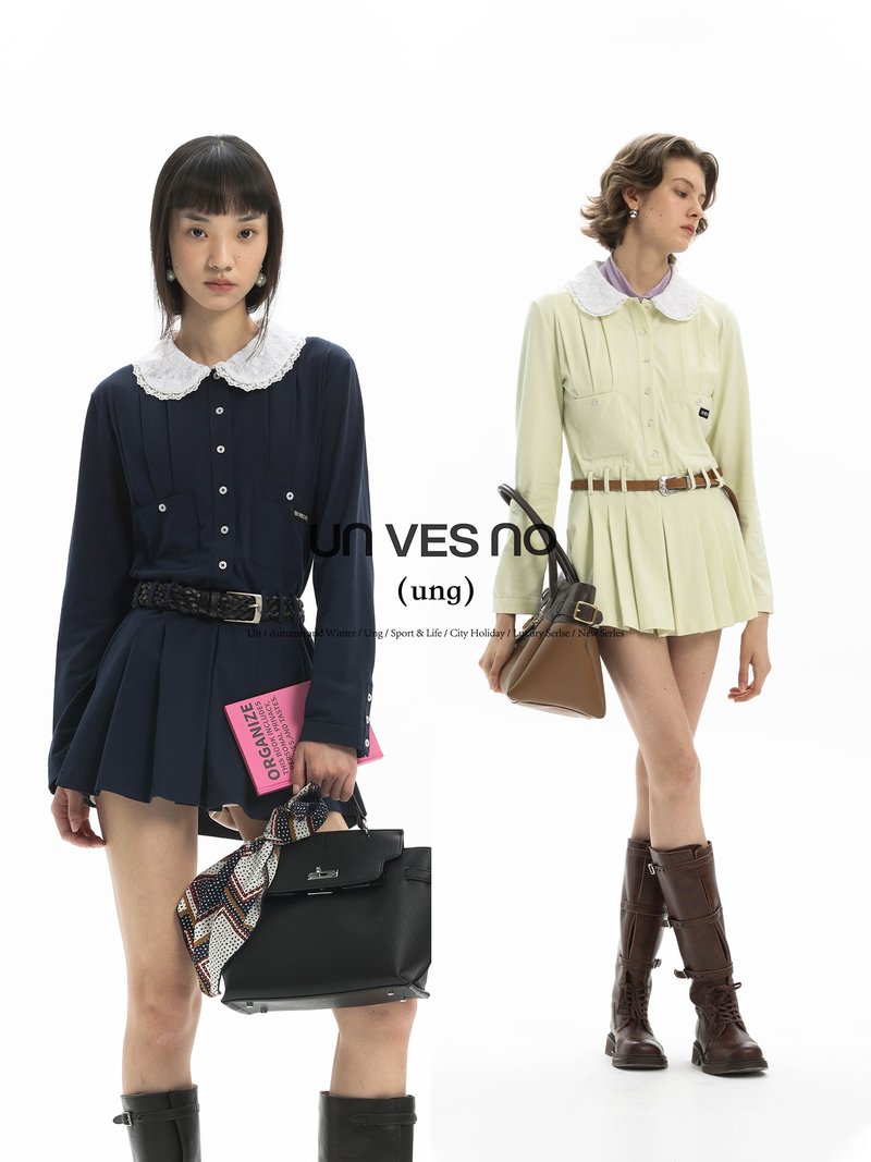 [Two-way wear] Unvesno (UN) ung series doll collar lace long sleeve pleated polo dress - ชุดเดรส - วัสดุอื่นๆ 