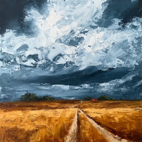 OsipovArtStudio Original Stormy Landscape Yellow Field Oil Painting On Canvas Textured Impasto