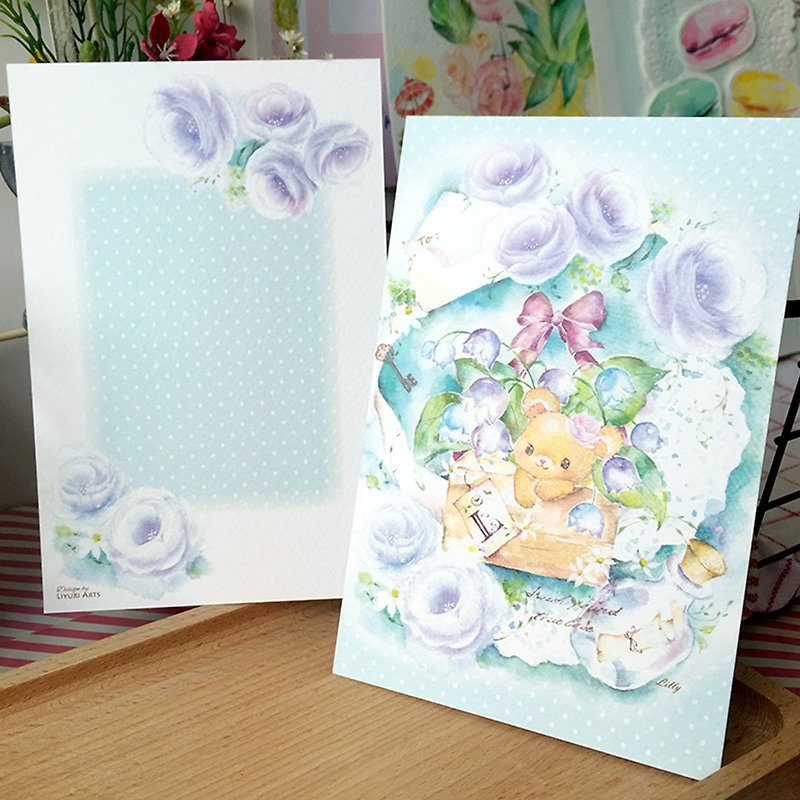 Watercolor postcard / greeting card【Teddy bear and gift box】 - การ์ด/โปสการ์ด - กระดาษ สีน้ำเงิน