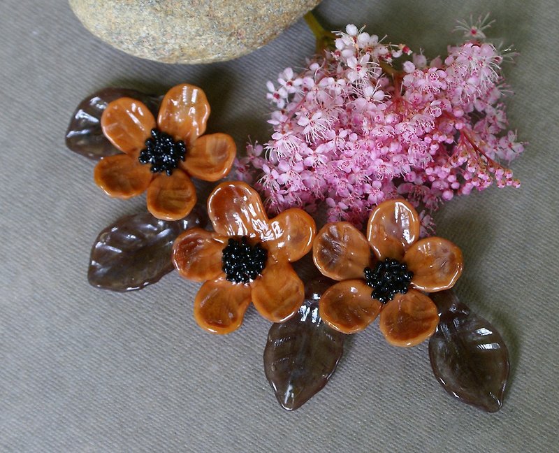 Handmade lampwork brown flower beads, artisan floral glass beads set - งานเซรามิก/แก้ว - แก้ว สีนำ้ตาล